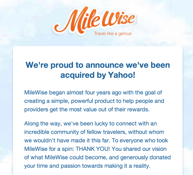 MileWise Acquired by Yahoo!, Immediately Shut Down