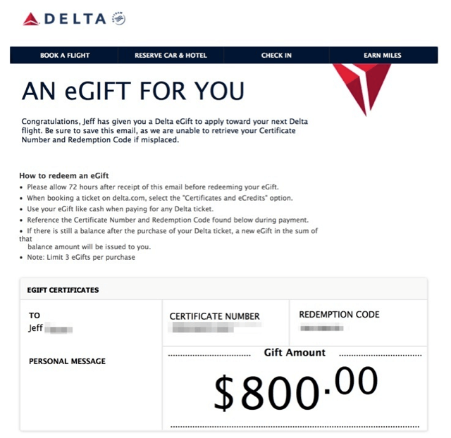 Using Delta Gift Certificates to Meet Minimum Credit Card Spend Requirements