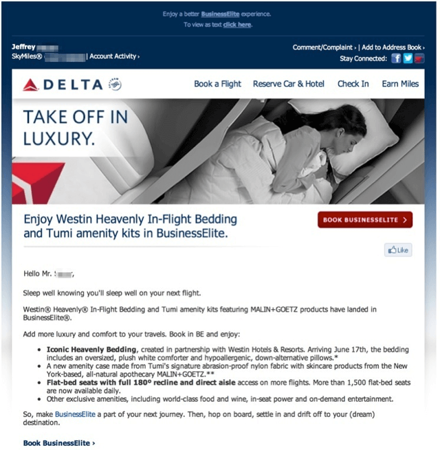 Delta Business Class With Lie Flat Seats and Westin Heavenly Bedding