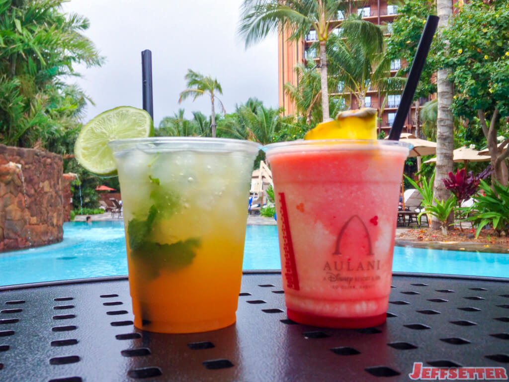 Beverages. Adults in the plain cup, virgin in the logo cup. Mango mojito + virgin lava flow.