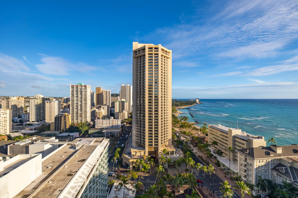 Hyatt Regency Waikiki and Westin Moana Surfrider as seen from the Sheraton Princess Ka