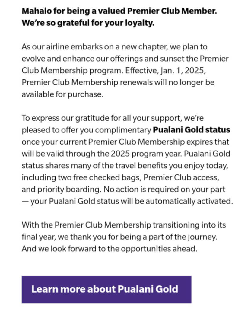 Hawaiian Air Bids Aloha to Premier Club email screenshot