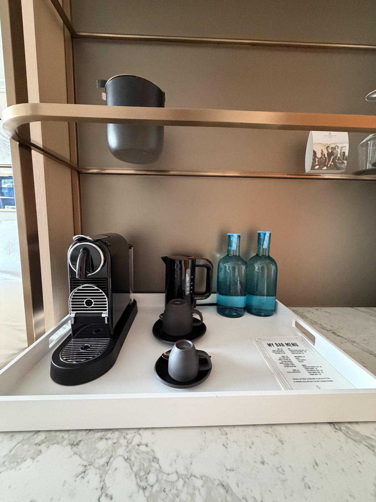 The in-room coffee setup and minibar